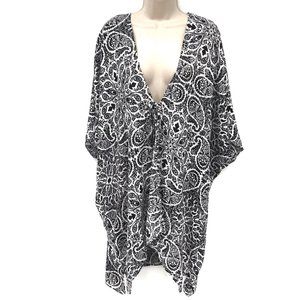 Fever Womens Black White Damask Print Lightweight Tie Front Kimono Size  L